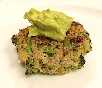 Quinoa Broccoli Cakes with Avocado Cream Topping